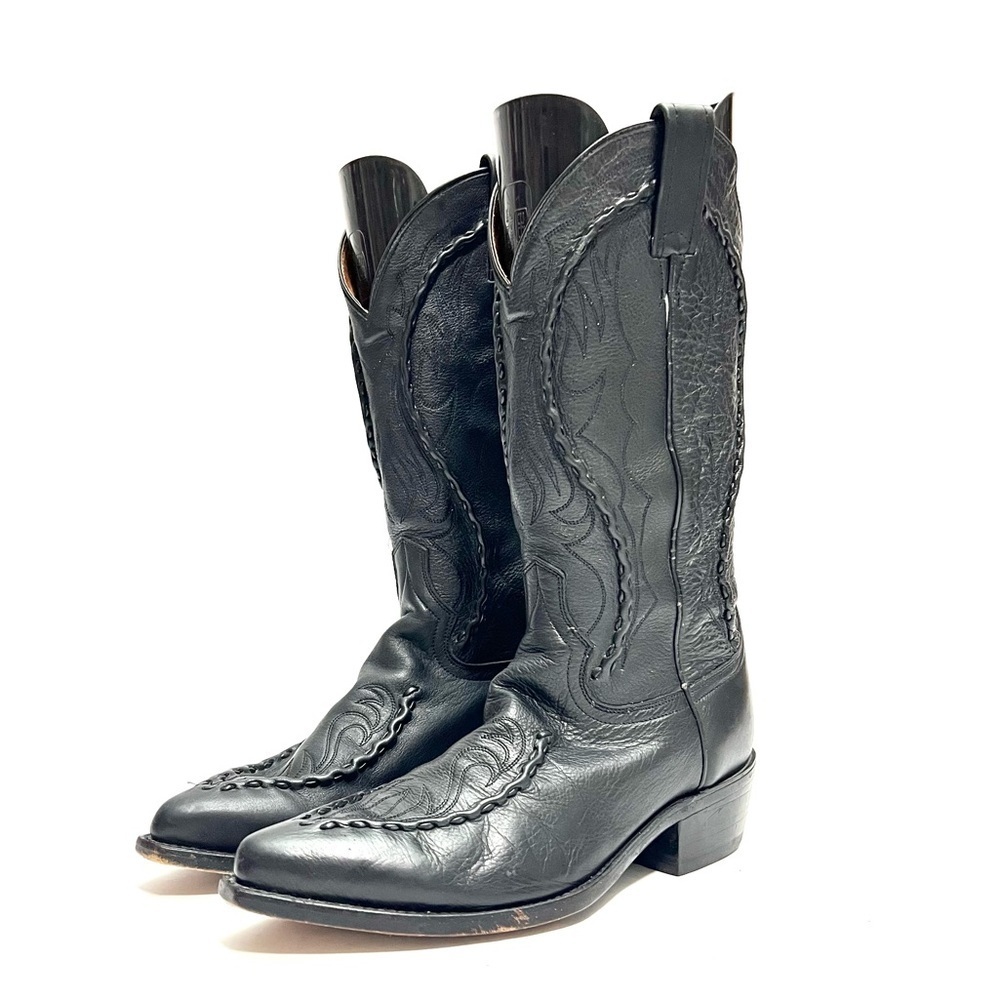 Vintage 1980s men's black leather pointed toe western cowboy boots